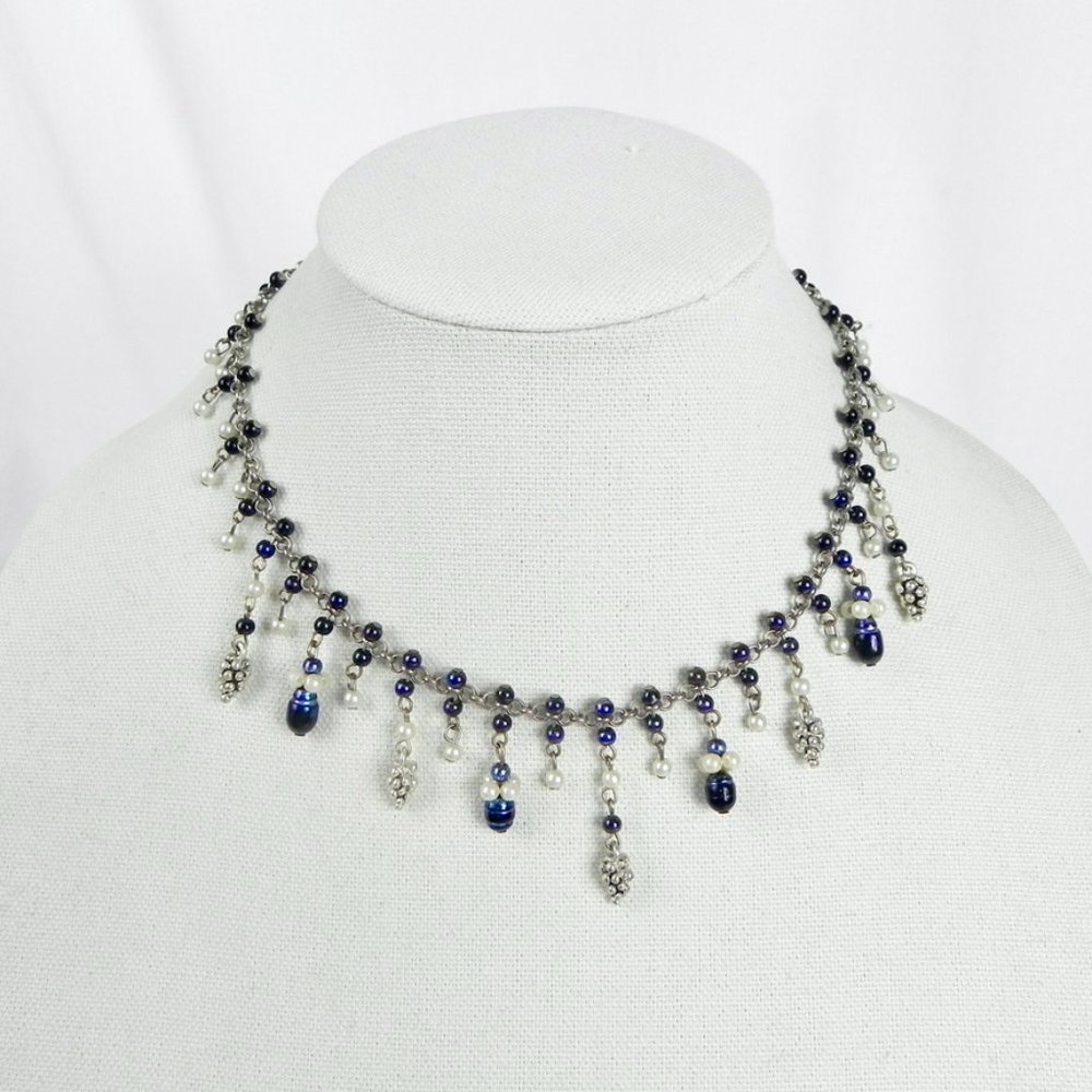 Beaded Blue Pearl & Silver Necklace